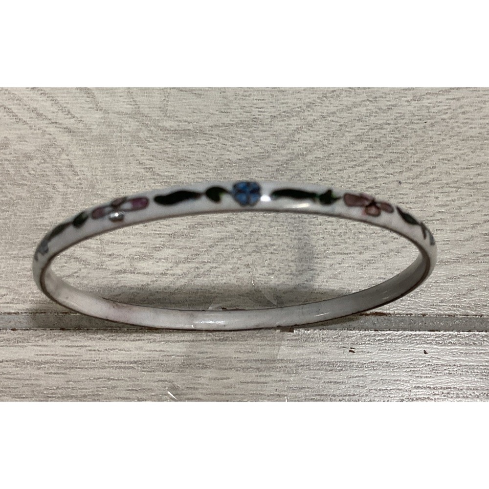 White Tone Enamel Bangle Bracelet w/ Blue And Pink Flowers Vintage